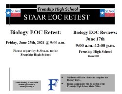 STAAR EOC Biology Retest Date and Time